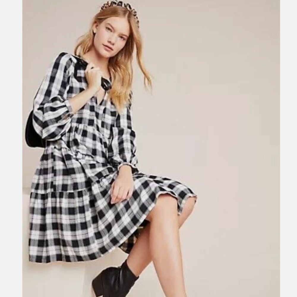Anthropologie Maeve Amber Plaid Tiered Tunic Dress Size Small